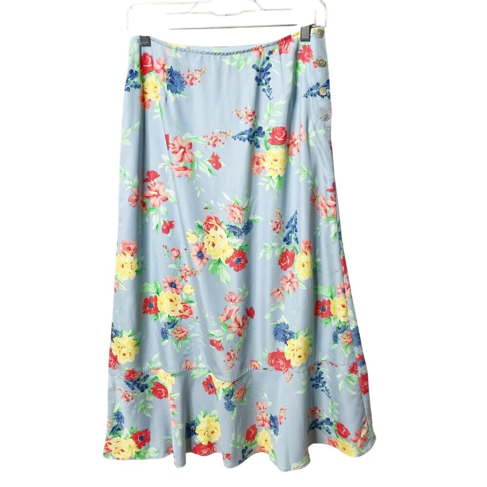 Crazy Horse Liz Claiborne Blue Floral Midi Skirt Women’s Size 10P Shell Buttons